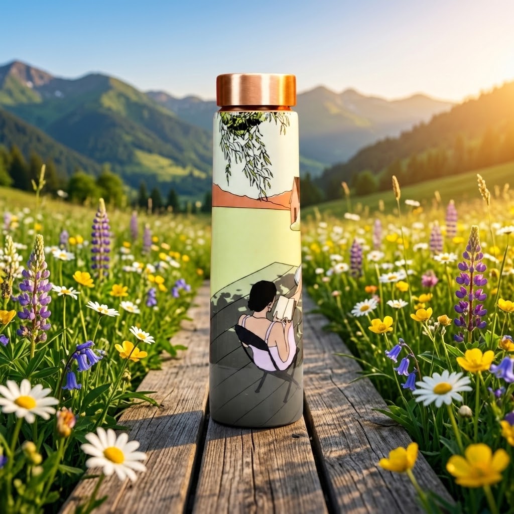 Sowpeace Serene Meadow Copper Bottle flanked by wildflowers in a spring meadow