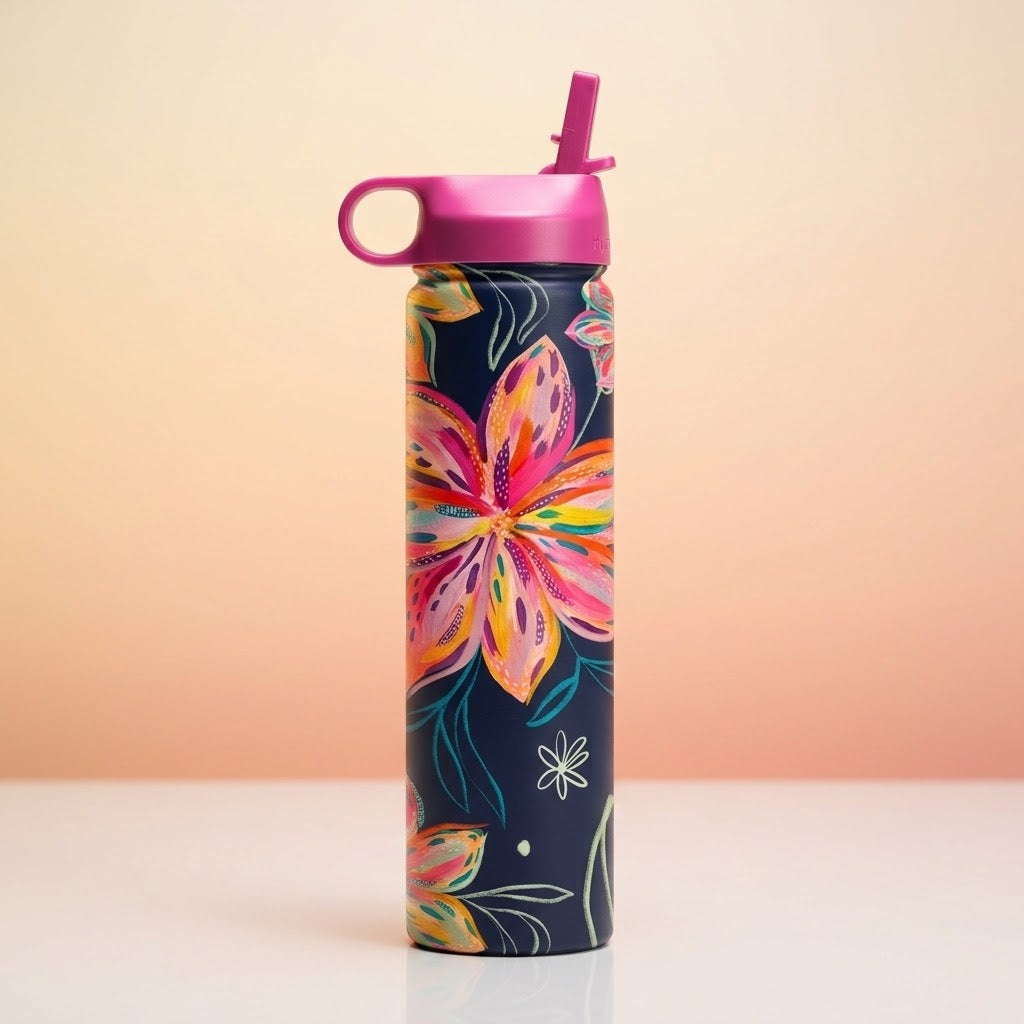 EttaVee "Bold Flowers" 24 oz Insulated Tumbler on a peach gradient background