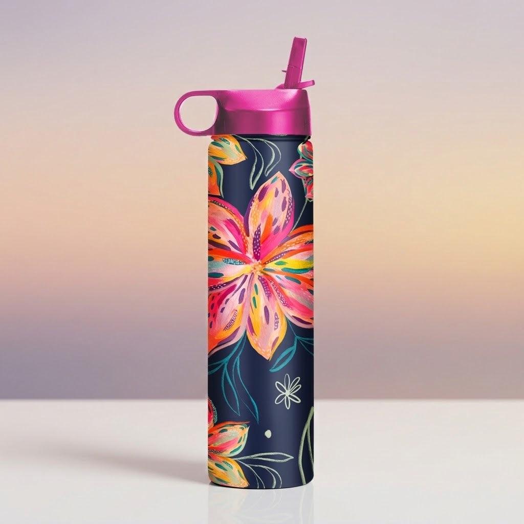 EttaVee "Bold Flowers" 24 oz Insulated Tumbler on a gradient studio backdrop