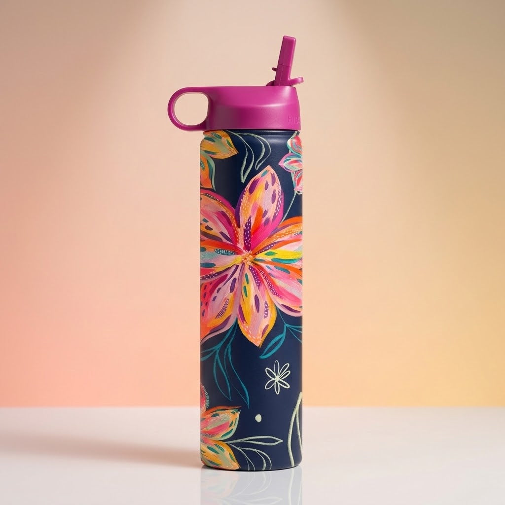 EttaVee "Bold Flowers" 24 oz Insulated Tumbler in a cream and peach studio scene