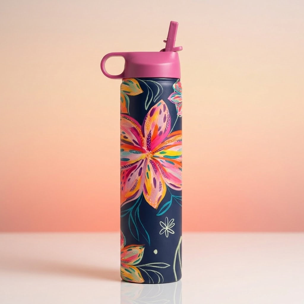 EttaVee "Bold Flowers" 24 oz Insulated Tumbler in a studio scene with a warm peach backdrop