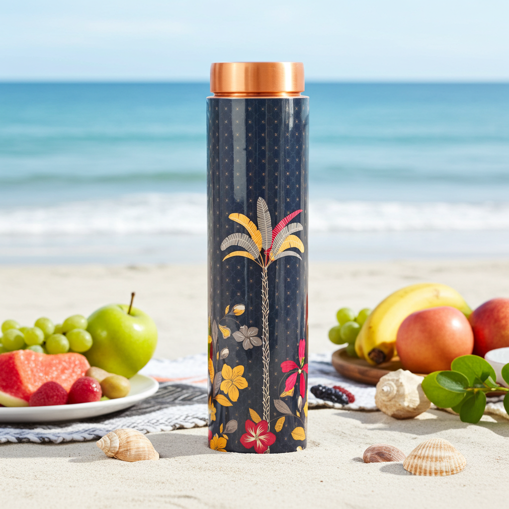 Tropical Blue Artisan Copper Bottle next to plates of fruits and vegetables on a beach