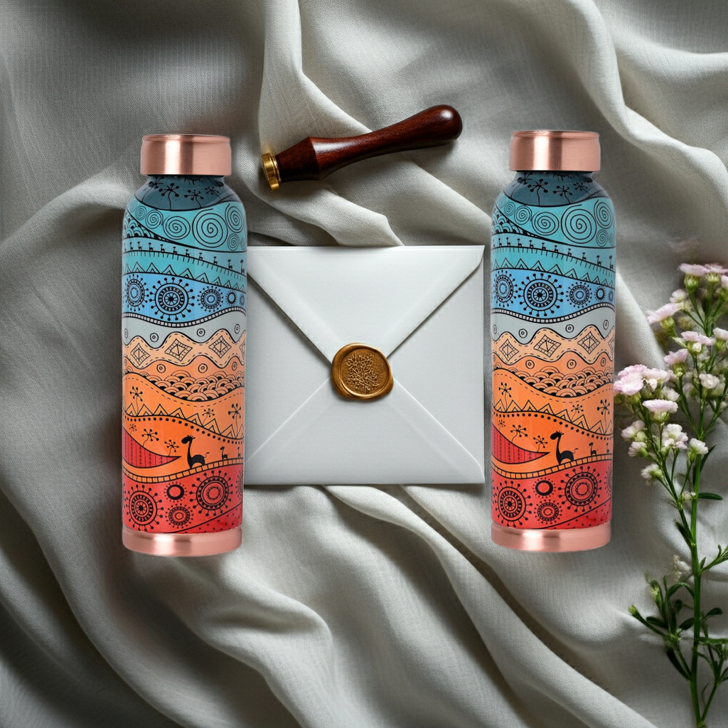 Decorative India Copper Printed Design 1 Litre Water Bottle Pack of 2