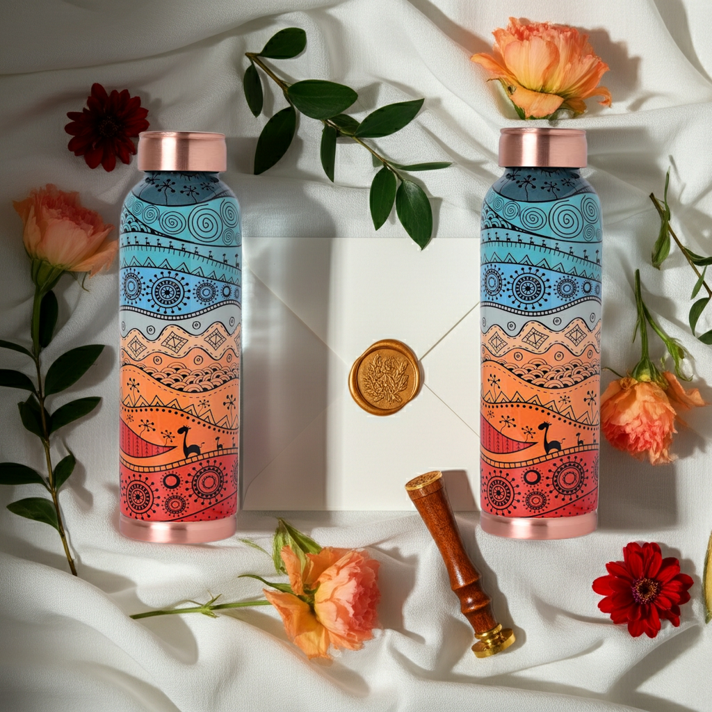 Decorative India Copper Printed Design 1 Litre Water Bottle Pack of 2