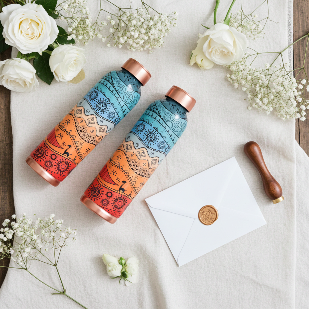 Decorative India Copper Printed Design 1 Litre Water Bottle Pack of 2