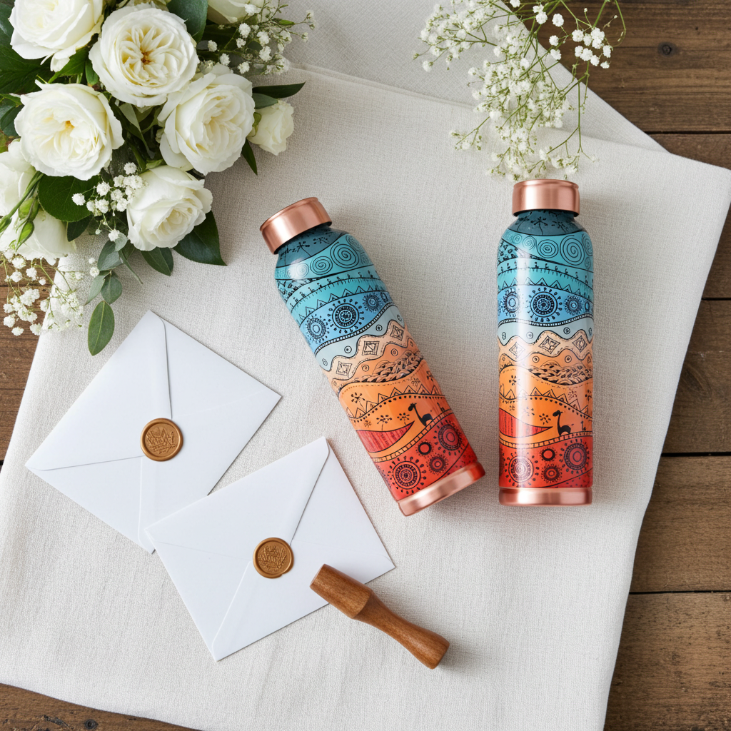 Decorative India Copper Printed Design 1 Litre Water Bottle Pack of 2