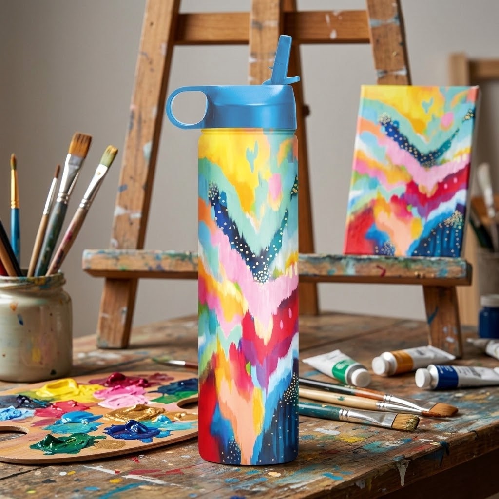 EttaVee "Brush Strokes 100" 24 oz Insulated Tumbler in an art studio with paints an an easel 
