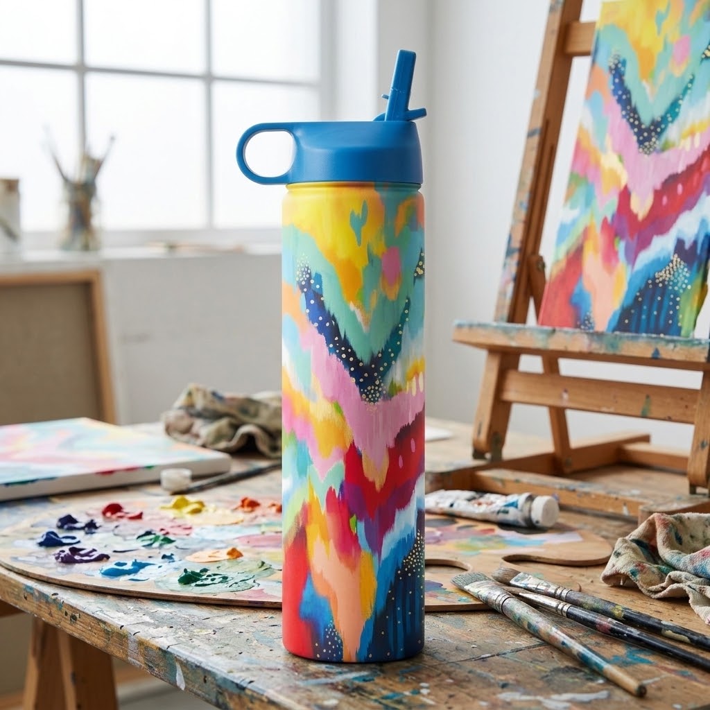 EttaVee "Brush Strokes 100" 24 oz Insulated Tumbler with a paint pallet and brushes