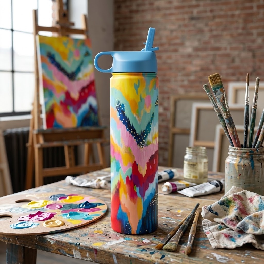 EttaVee "Brush Strokes 100" 24 oz Insulated Tumbler on a paint-stained table in an art studio