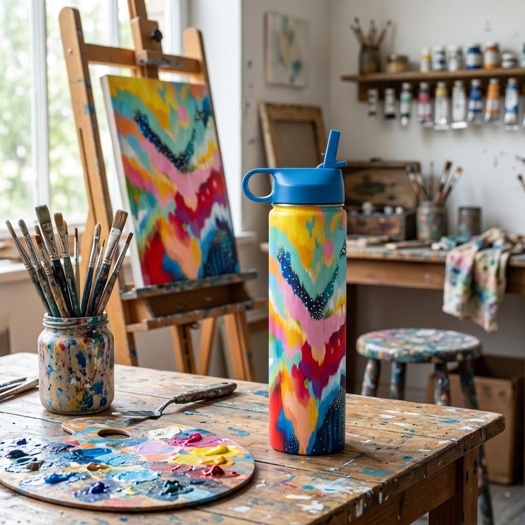 EttaVee "Brush Strokes 100" 24 oz Insulated Tumbler serving as the inspiration for a painting