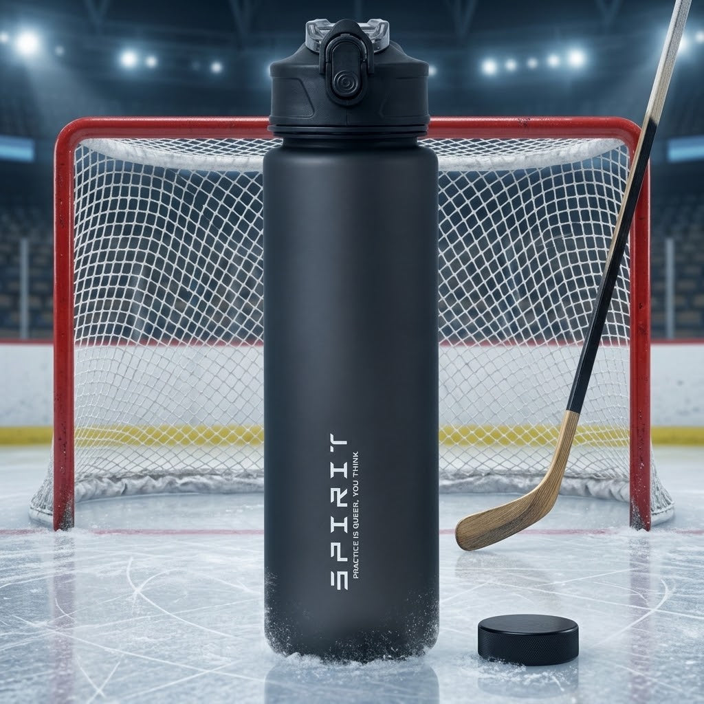 750 ml Outdoor Sports Water Bottle in front of a hockey goal