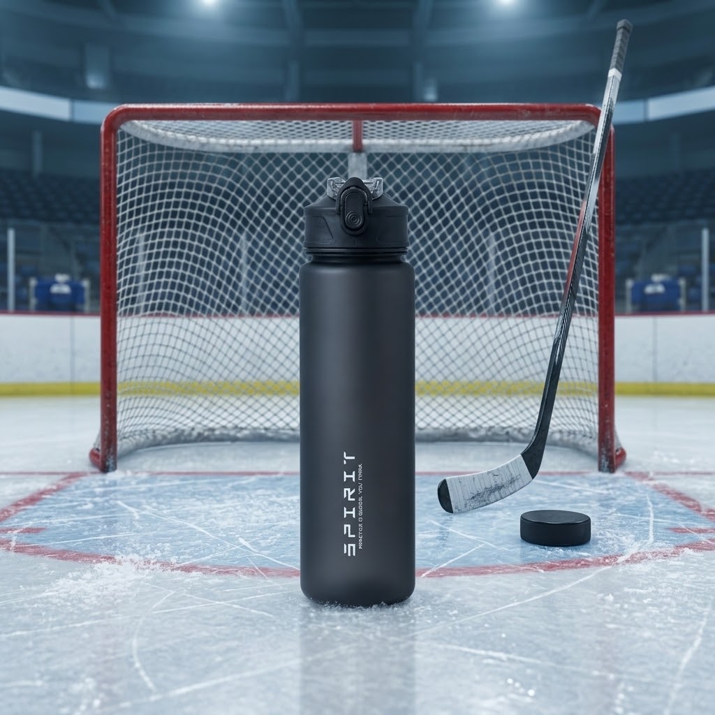 750 ml Outdoor Sports Water Bottle in front of hockey net with a stick and puck