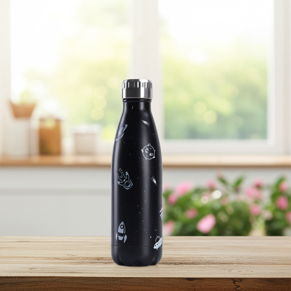 Astro 304 Stainless Steel Water Bottle on a countertop in a room with houseplants 