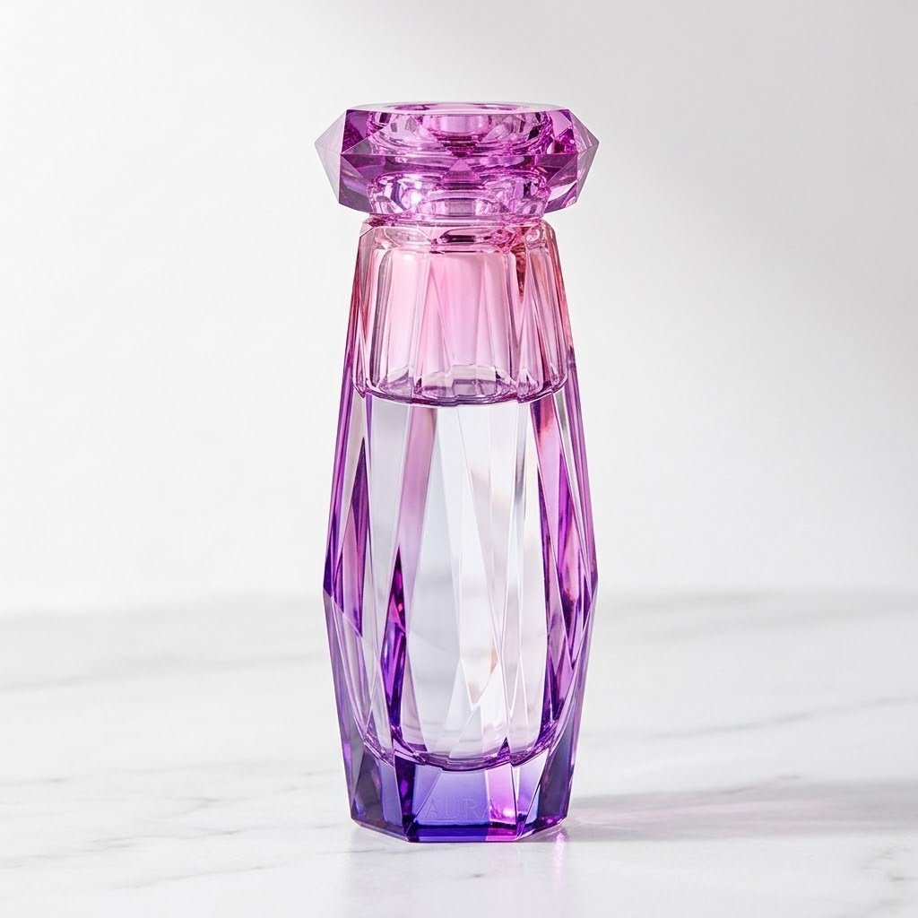 Colorful Glass Water Bottle with Lid in a studio with white floors and walls