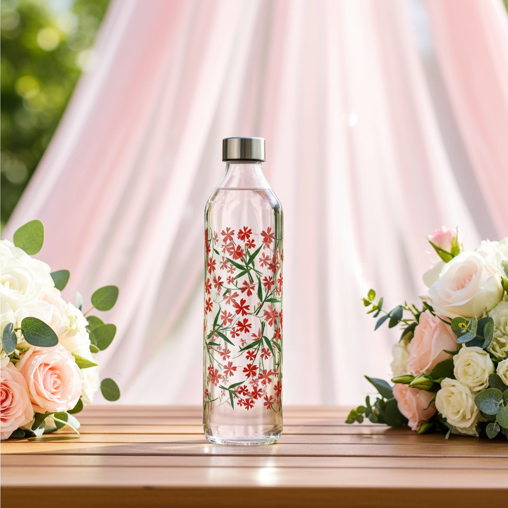 Floral Fire Printed Glass Water Bottle