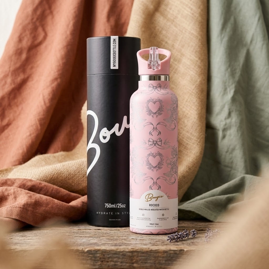 Rococo 25 oz Insulated Bottle | 5D Cherubs & Bows on a wooden bench with fabrics