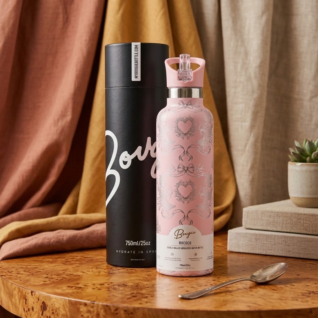 Rococo 25 oz Insulated Bottle | 5D Cherubs & Bows on a table with a spoon and fabrics