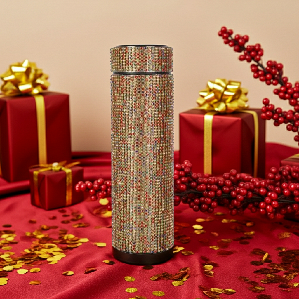 Diamond Luxe Smart Thermos Bottle with red sheets and gifts with red wrapping paper and gold bows 
