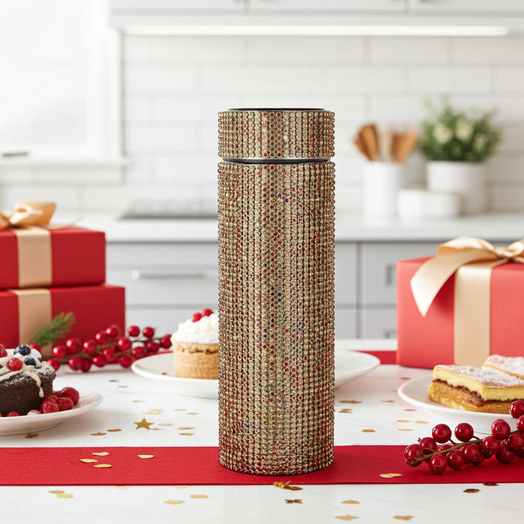 Diamond Luxe Smart Thermos Bottle as part of a holiday kitchen table 