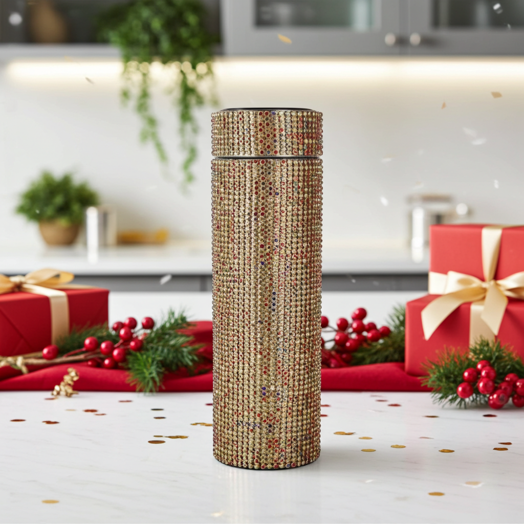 Diamond Luxe Smart Thermos Bottle with holiday presents and holly 