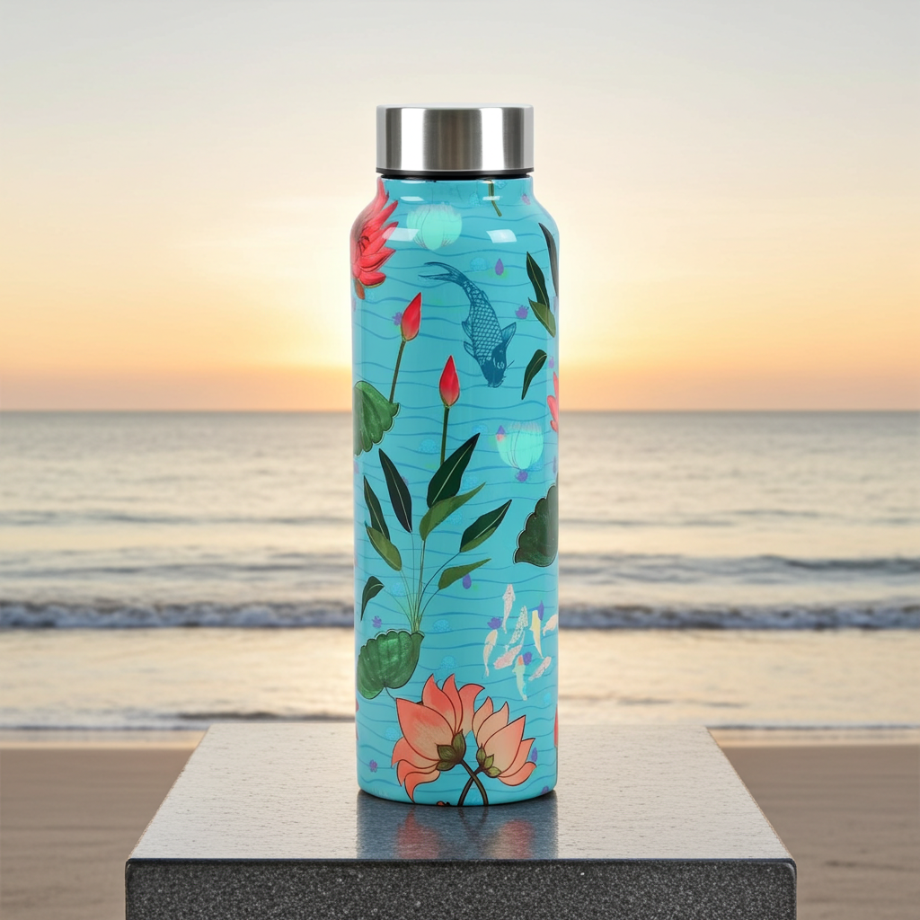 Blossomy Mosaic Big Steel Bottle 750 mL on a stone platform at a beach