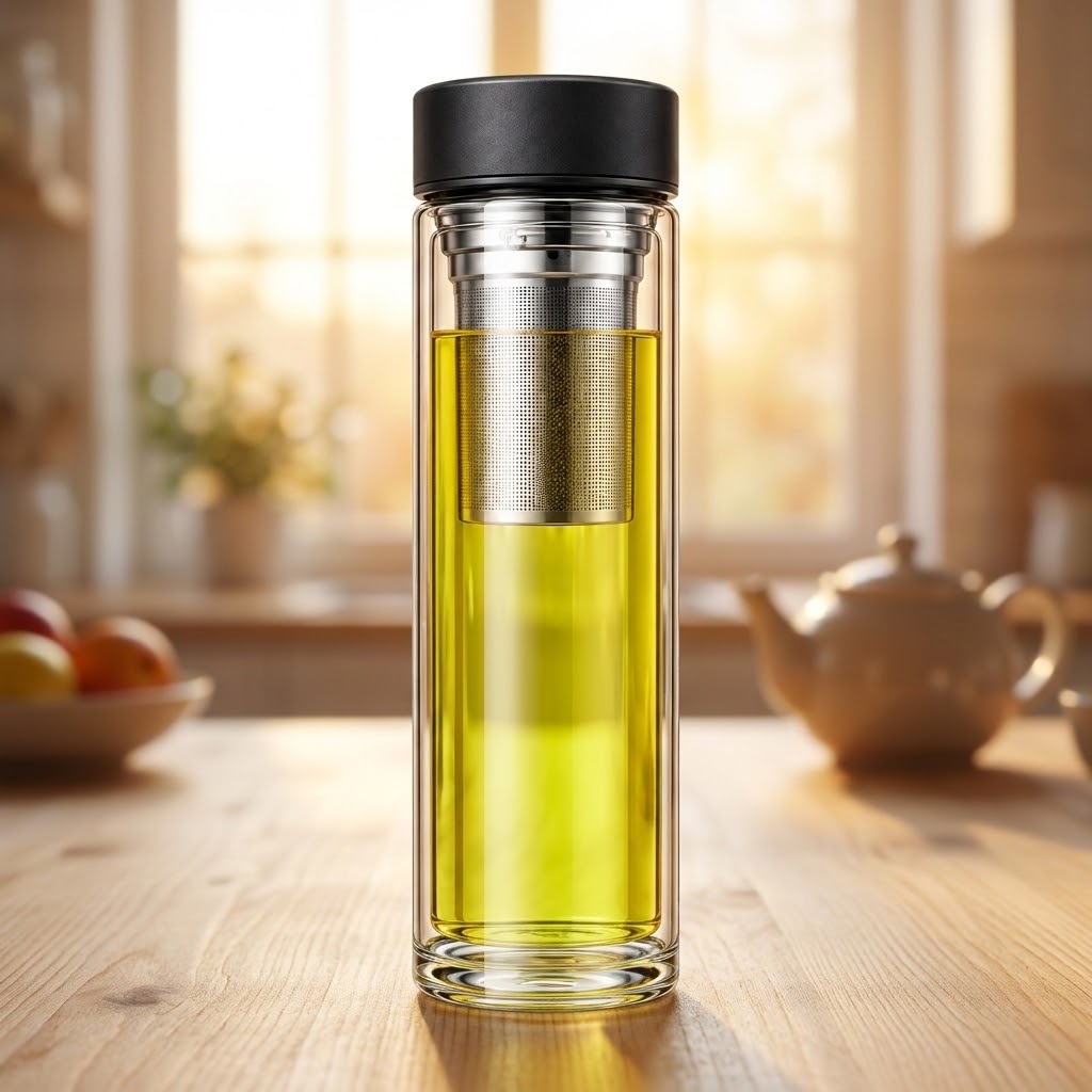 ClearSteep Double-Wall Glass Infuser Bottle on a kitchen table with a teapot