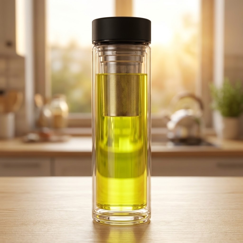 ClearSteep Double-Wall Glass Infuser Bottle on a kitchen counter