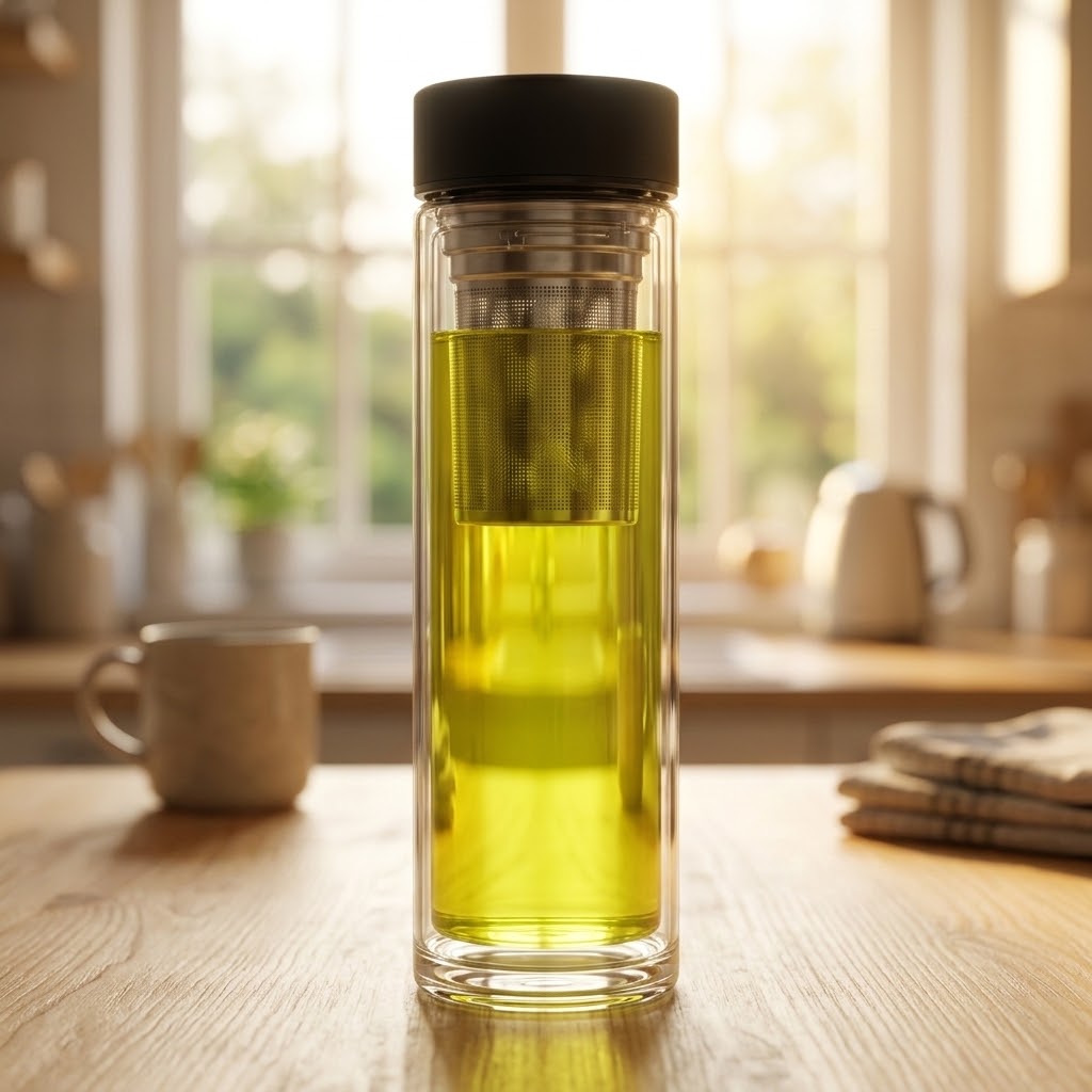 ClearSteep Double-Wall Glass Infuser Bottle in a cozy kitchen scene