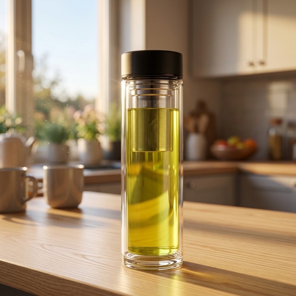 ClearSteep Double-Wall Glass Infuser Bottle in a kitchen with mugs