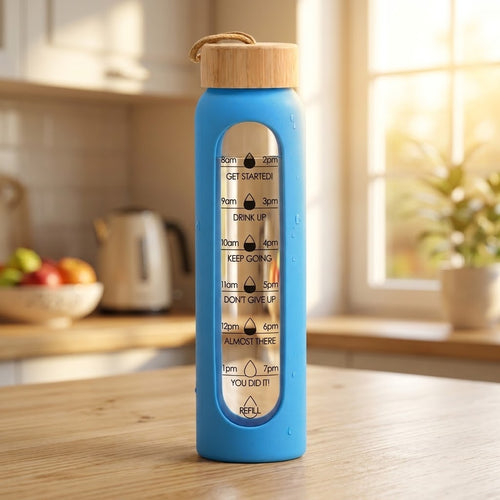 1 L Borosilicate Glass Water Bottle on a kitchen table