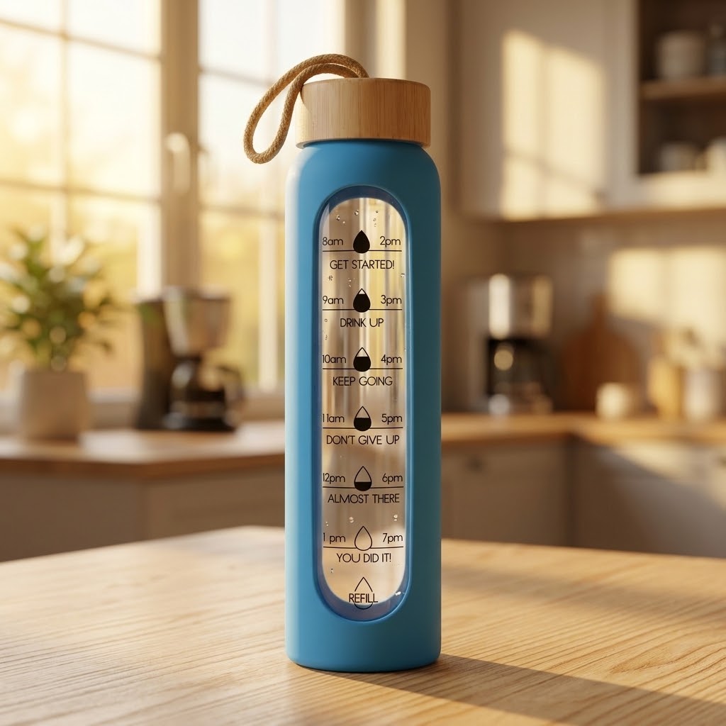 1 L Borosilicate Glass Water Bottle on a kitchen table with coffee makers next to a window