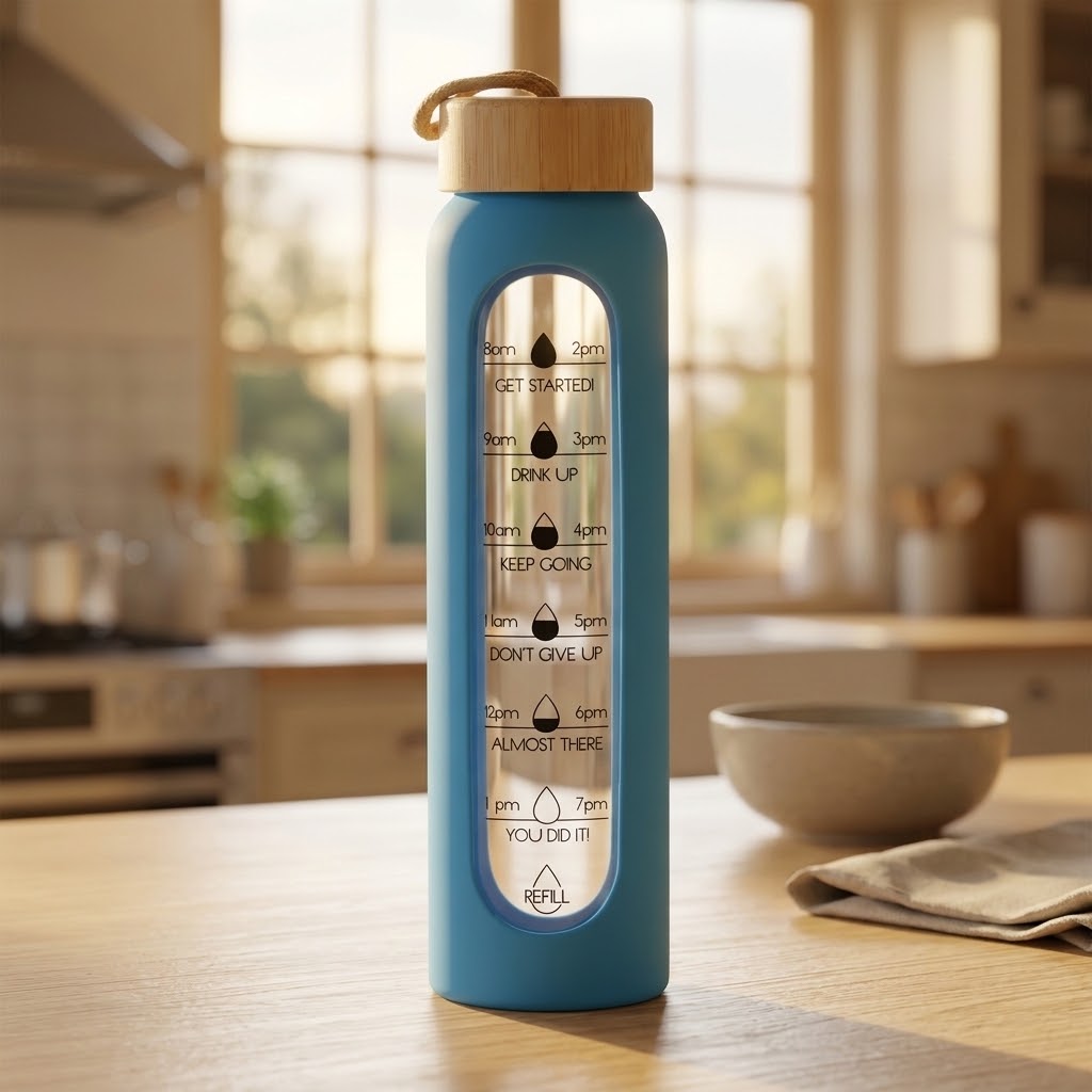 1 L Borosilicate Glass Water Bottle in a domestic kitchen scene