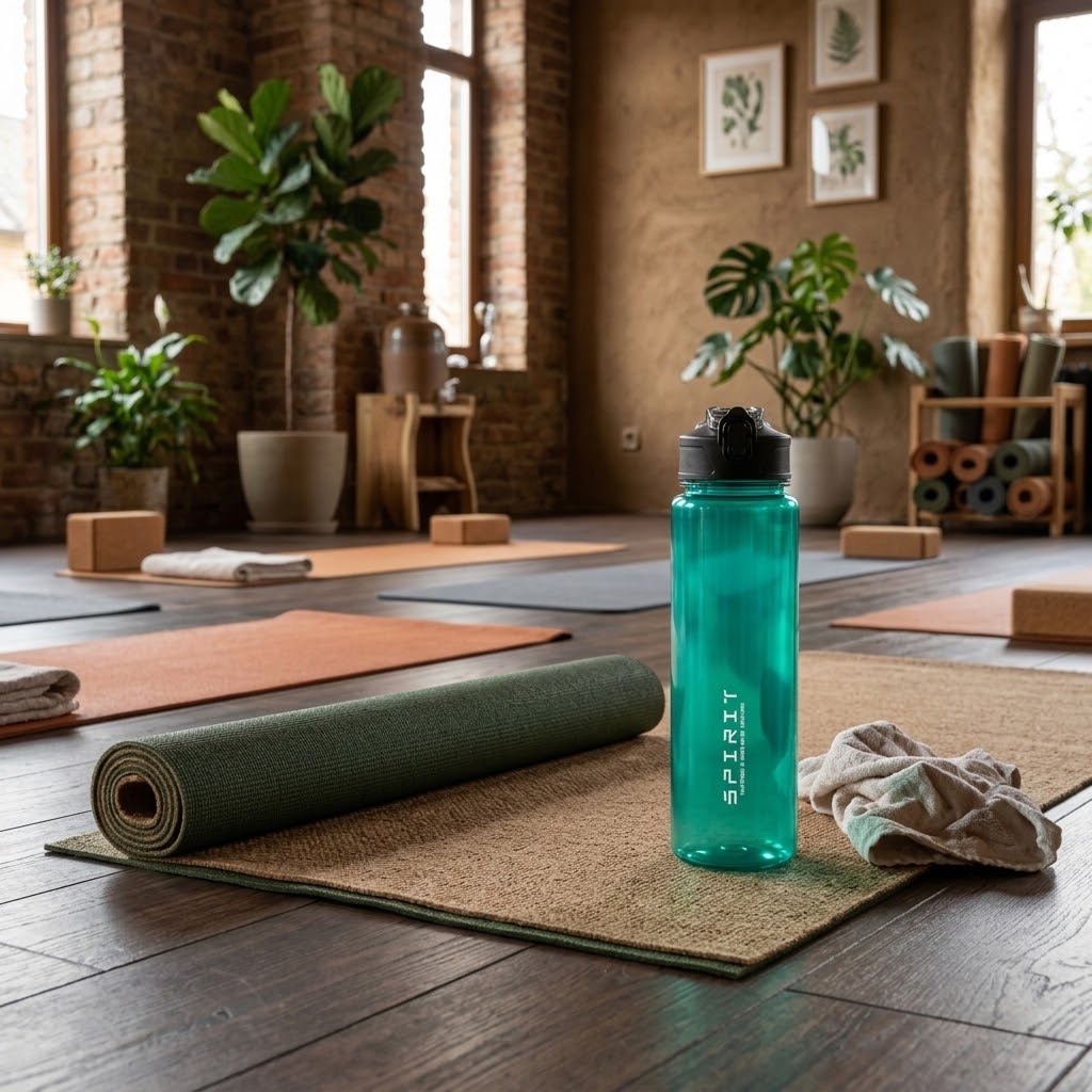 750 ml Outdoor Sports Water Bottle with a yoga mat in an aerobics studio