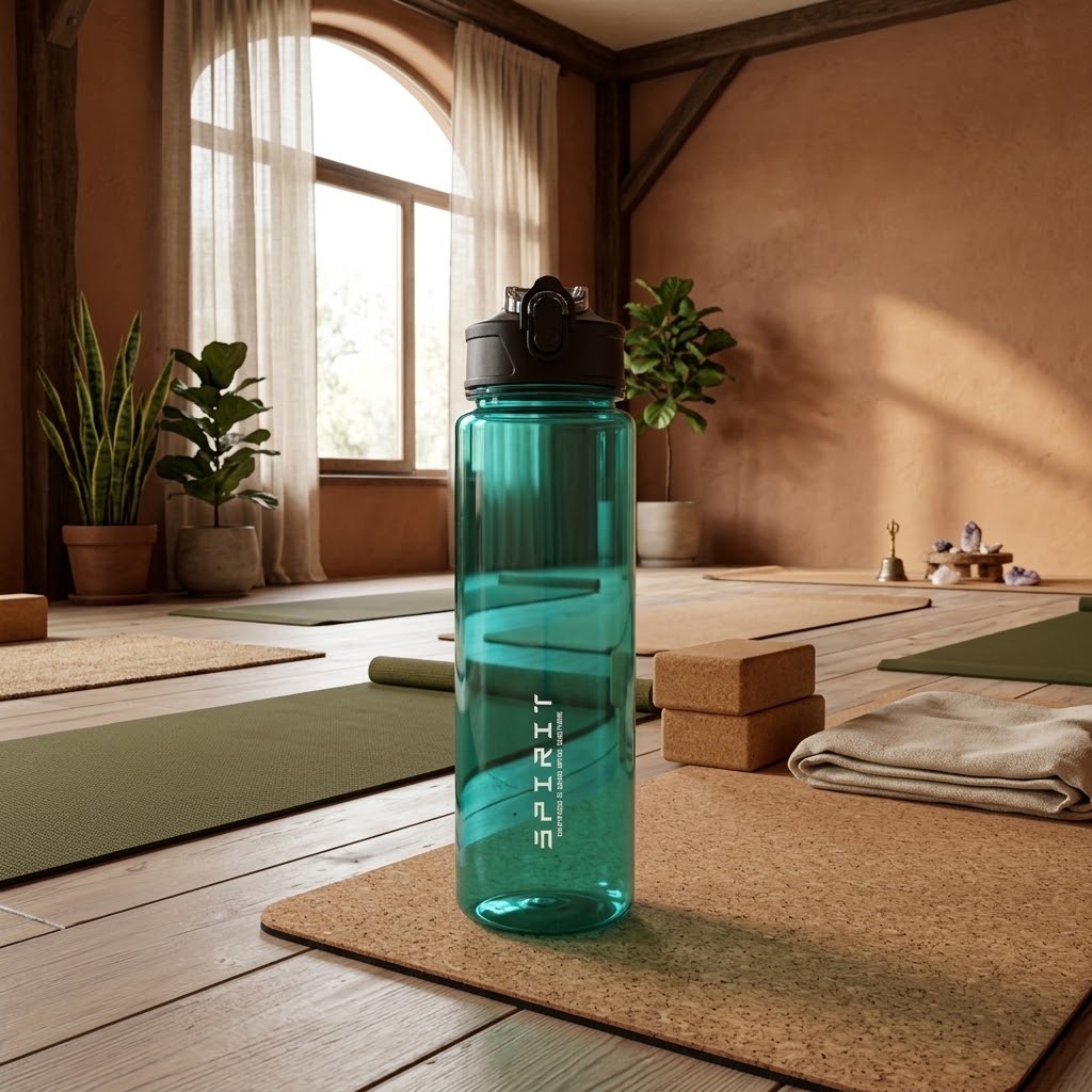 750 ml Outdoor Sports Water Bottle on yoga mats in a studio decorated with houseplants