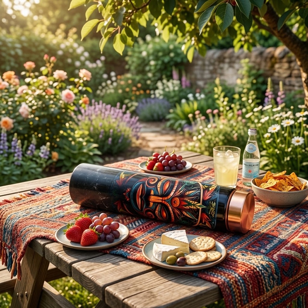 Sowpeace Soulful Strokes Copper Bottle in a summer garden picnic