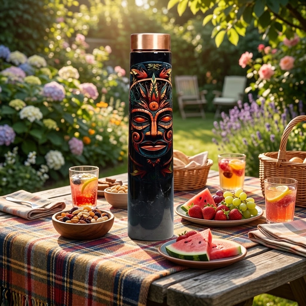 Sowpeace Soulful Strokes Copper Bottle with fruits and drinks at a picnic