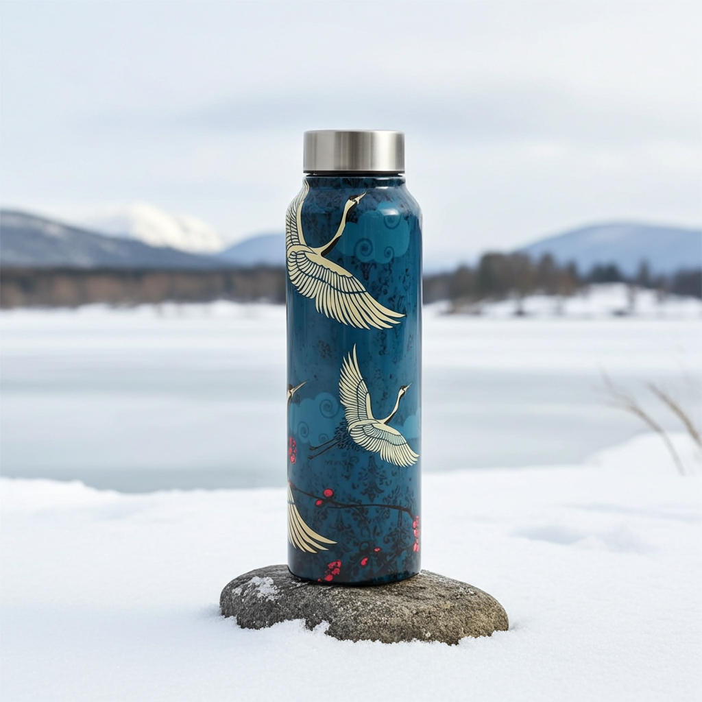 Legend of the Cranes Big Steel Bottle 750 mL next to a frozen lake
