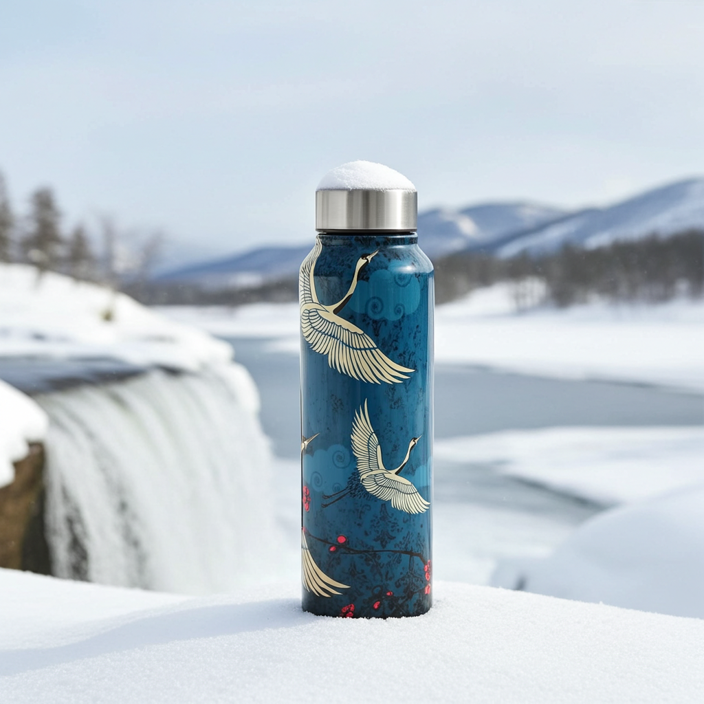 Legend of the Cranes Big Steel Bottle 750 mL on a cliffside overlooking a waterfall in winter