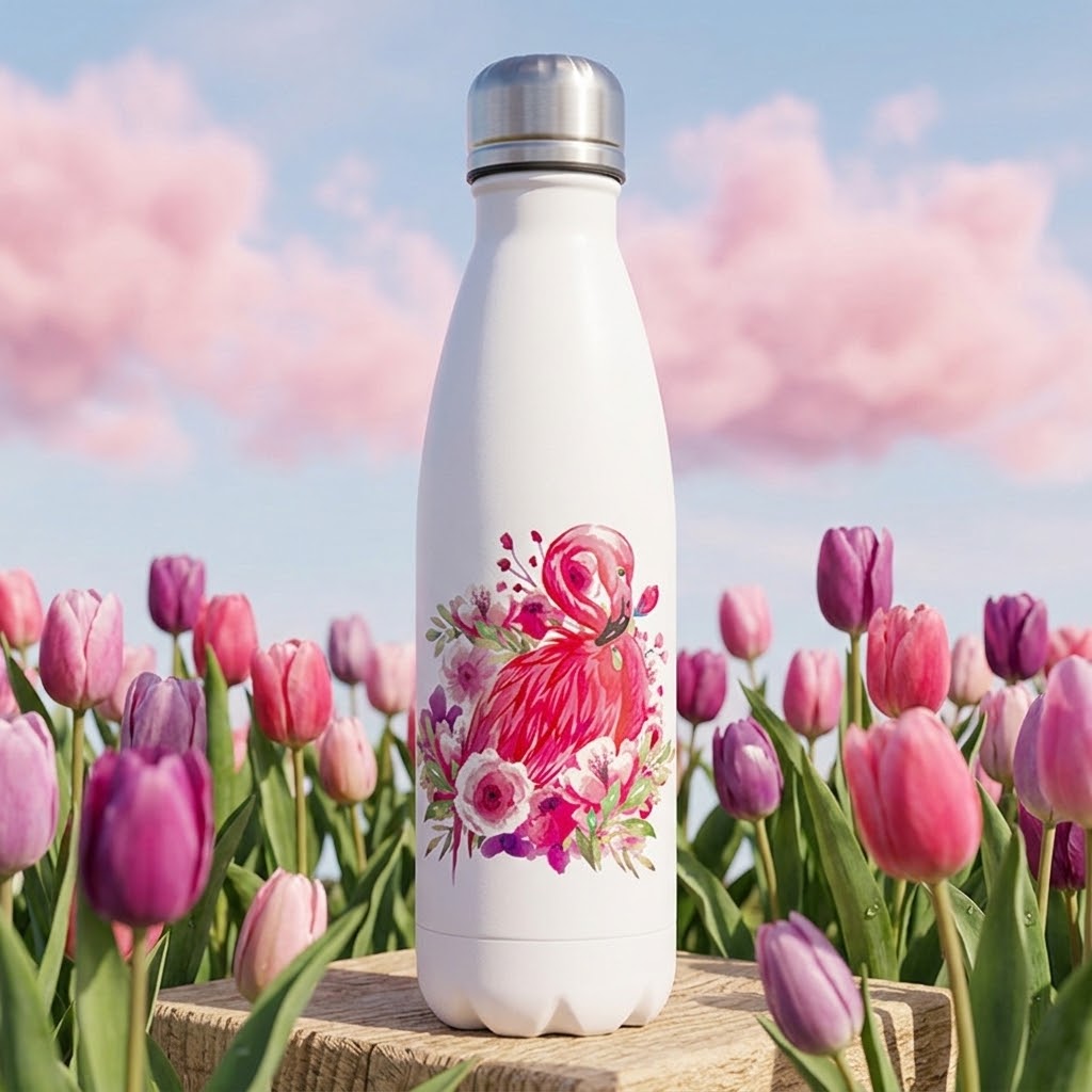 Flamingo Fun Stainless Steel Bottle — 500ml with flowers and pink clouds