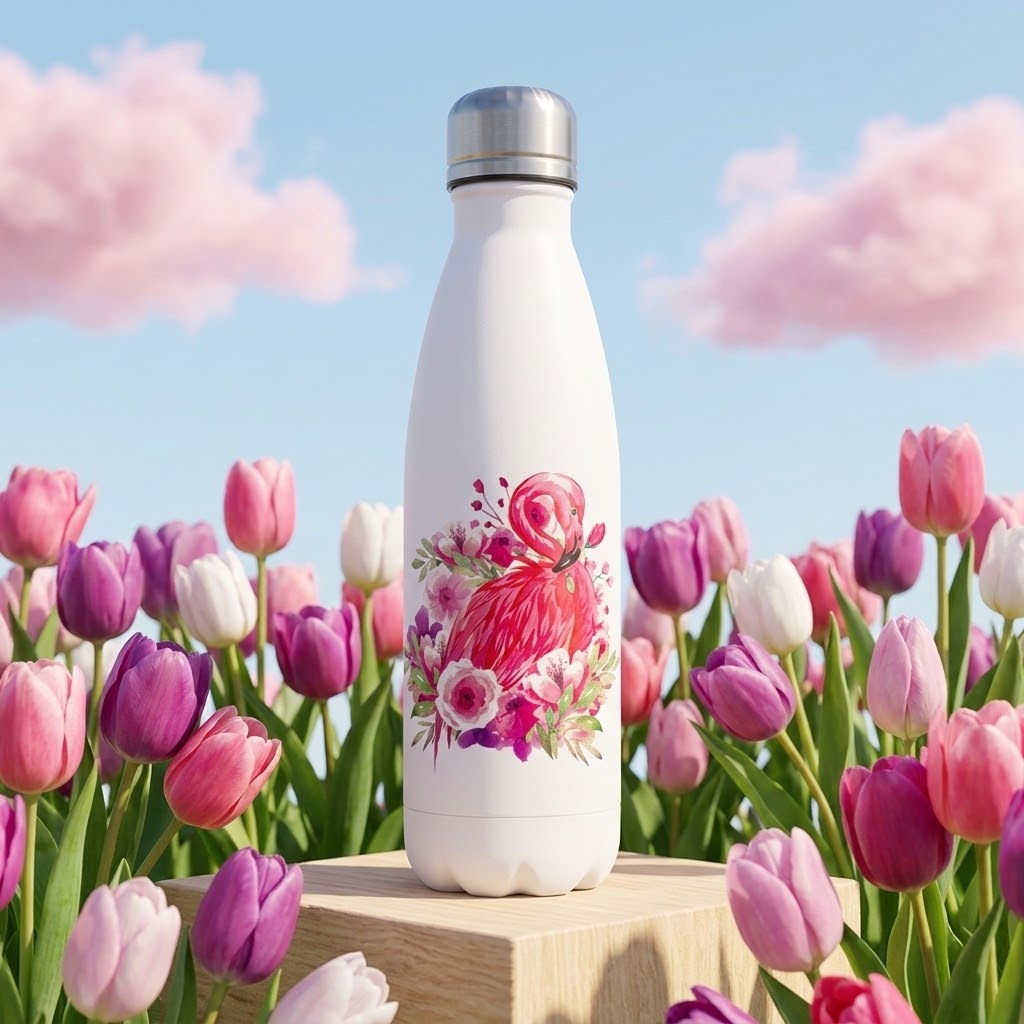 Flamingo Fun Stainless Steel Bottle — 500ml on a wooden platform in a field of flowers