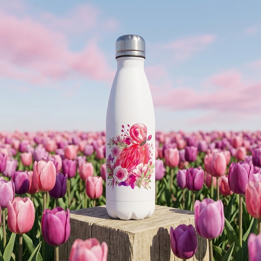 Flamingo Fun Stainless Steel Bottle — 500ml in a field of roses