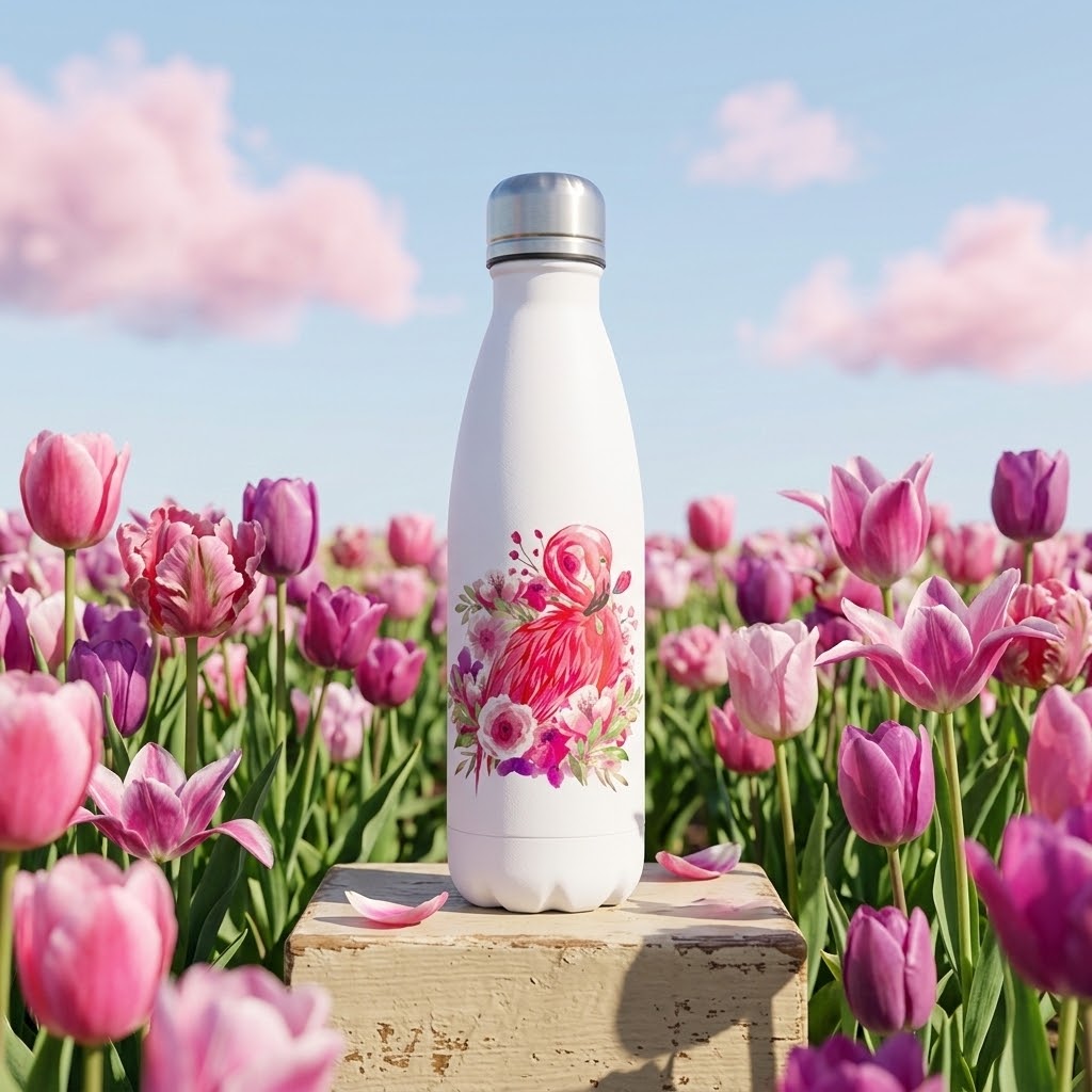 Flamingo Fun Stainless Steel Bottle — 500ml in a floral spring setting