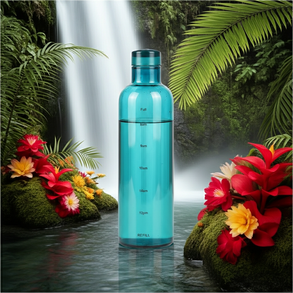 500ml Glass Water Bottle with Time Marker in a jungle river 