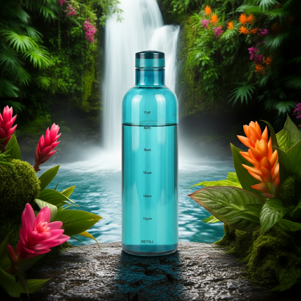 500ml Glass Water Bottle with Time Marker in a rainforest cove with a waterfall