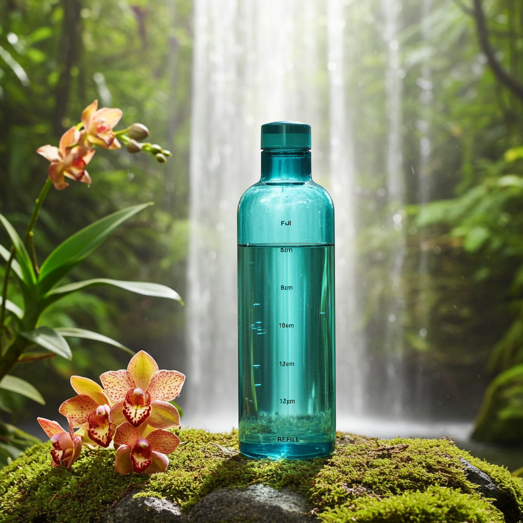 500ml Glass Water Bottle with Time Marker on a moss covered rock in a jungle