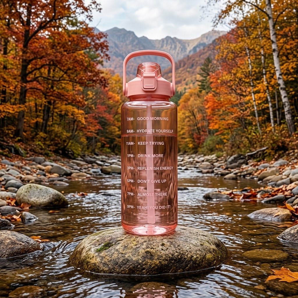 TrailFlow 2L Straw Water Bottle on a round rock in a fall river setting