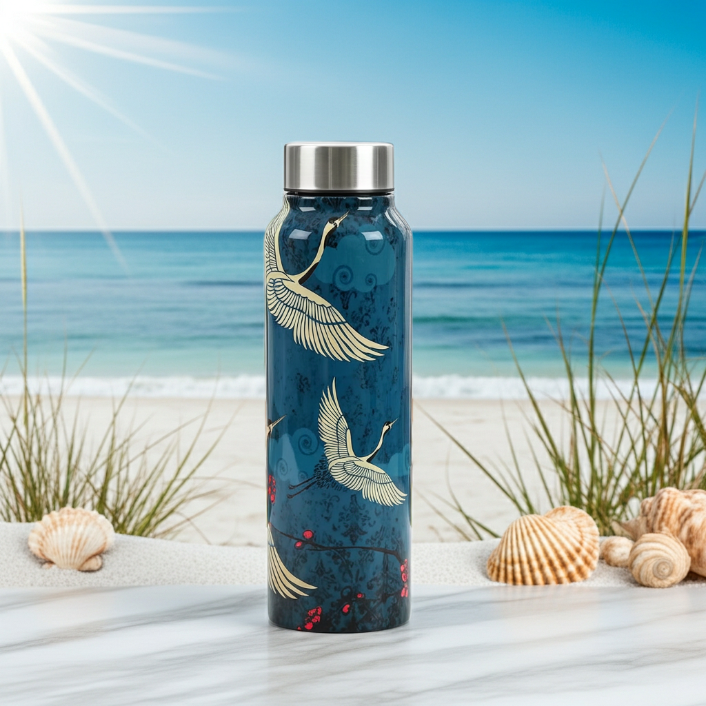 Legend of the Cranes Big Steel Bottle 750 mL on a summer beach