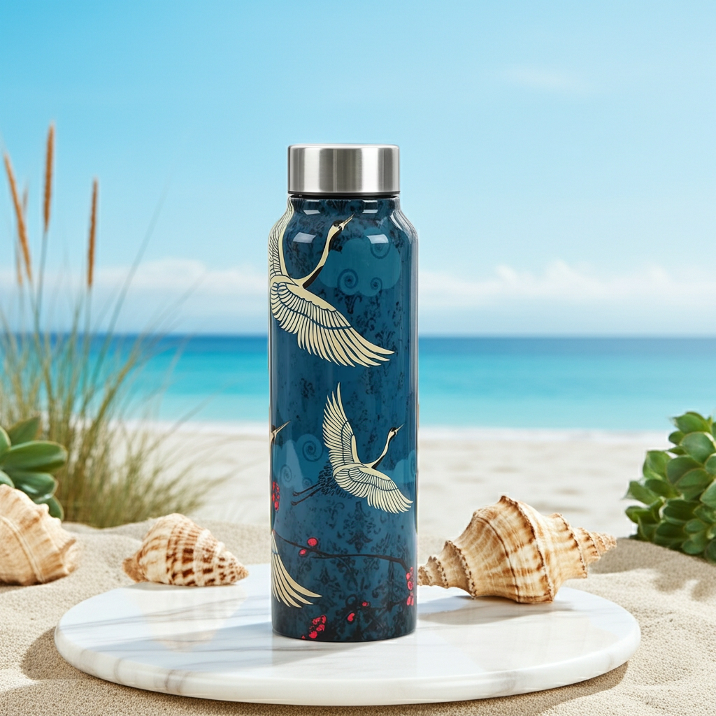 Legend of the Cranes Big Steel Bottle 750 mL atop a porcelain tray on a beach 