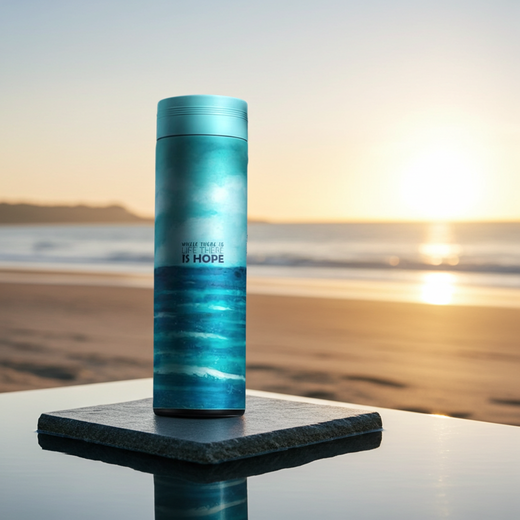 Daily Brew Stainless Steel Bottle with Tea Infuser on a beach at sunset atop a stone surface