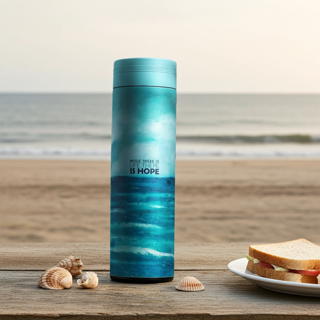 Daily Brew Stainless Steel Bottle with Tea Infuser on a bench at a beach next to seashells and a sandwich on a plate